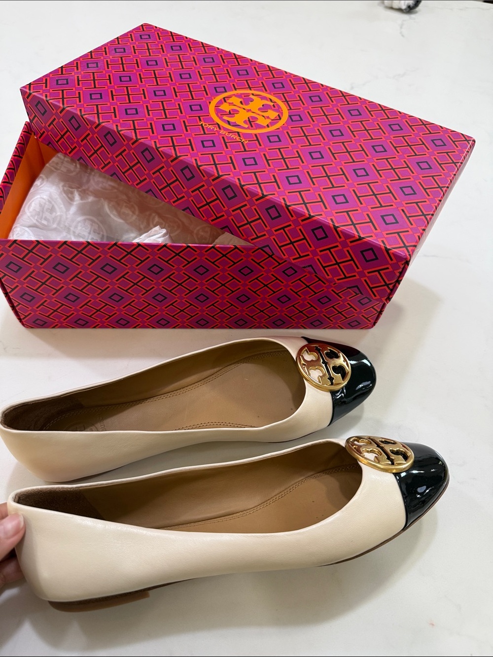 Tory Burch Cream Leather Flats with Black Patent Cap Toe and Gold Logo